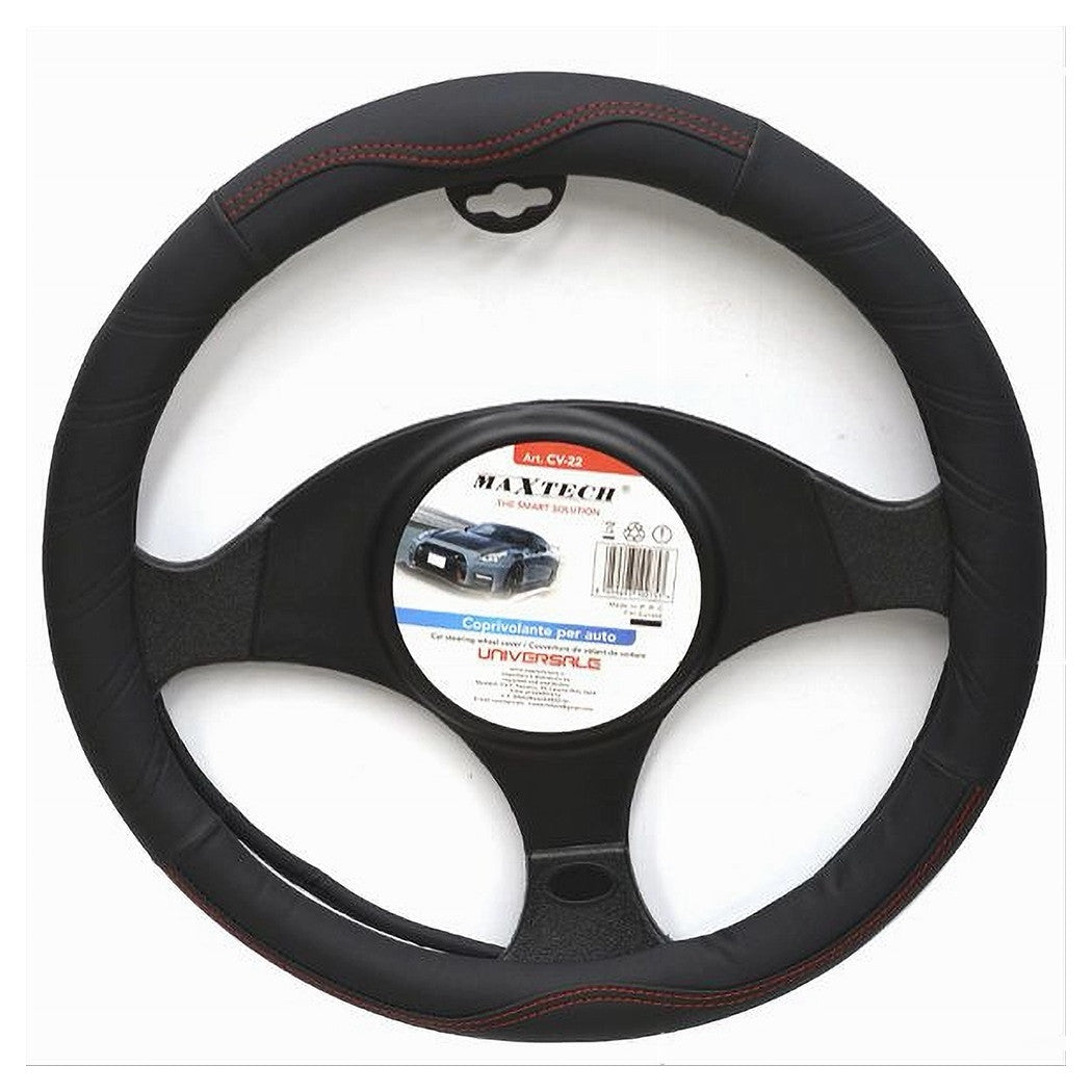Coprivolante Per Auto Universale Fodera Sterzo 38 Cm Nero Cuciture Rosse Cv-22         