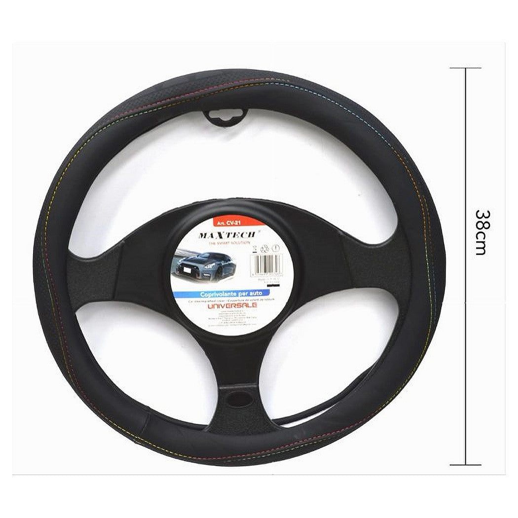 Coprivolante Universale Auto Fodera Sterzo 38cm Nero Con Cuciture Colorate Cv-21         