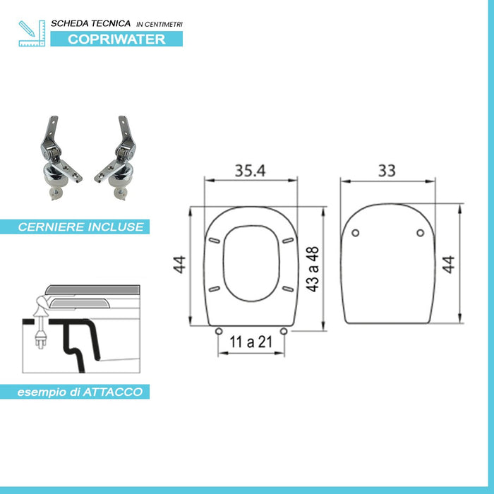 Copriwater compatibile per Tesi Ideal Standard bianco con cerniere regolabili