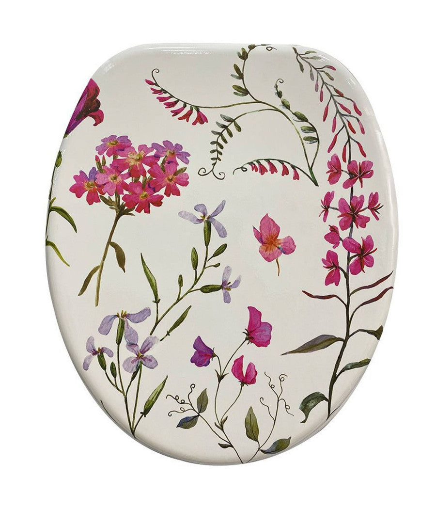 Copriwater Sedile Wc Bagno In Mdf Universale Cerniere Acciaio Bianco Fiori 59123         3,5