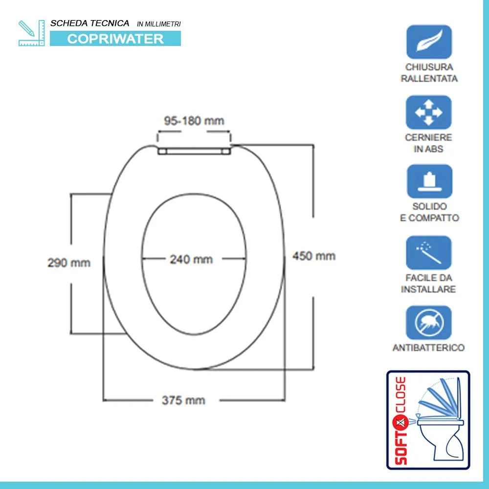 Copriwater universale bianco chiusura rallentata soft-close in plastica