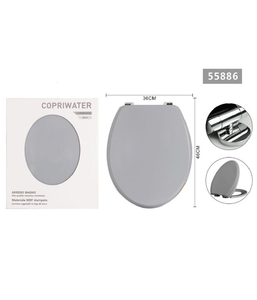 Copriwater Universale Con Cerniere Regolabili Mdf Stampato Grigio 46x36cm 55886         