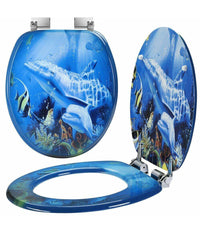 Copriwater Universale Con Stampa Delfini Oceano Copri Tavoletta Wc Bagno Legno         3,5