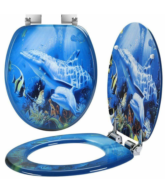Copriwater Universale Con Stampa Delfini Oceano Copri Tavoletta Wc Bagno Legno         3,5