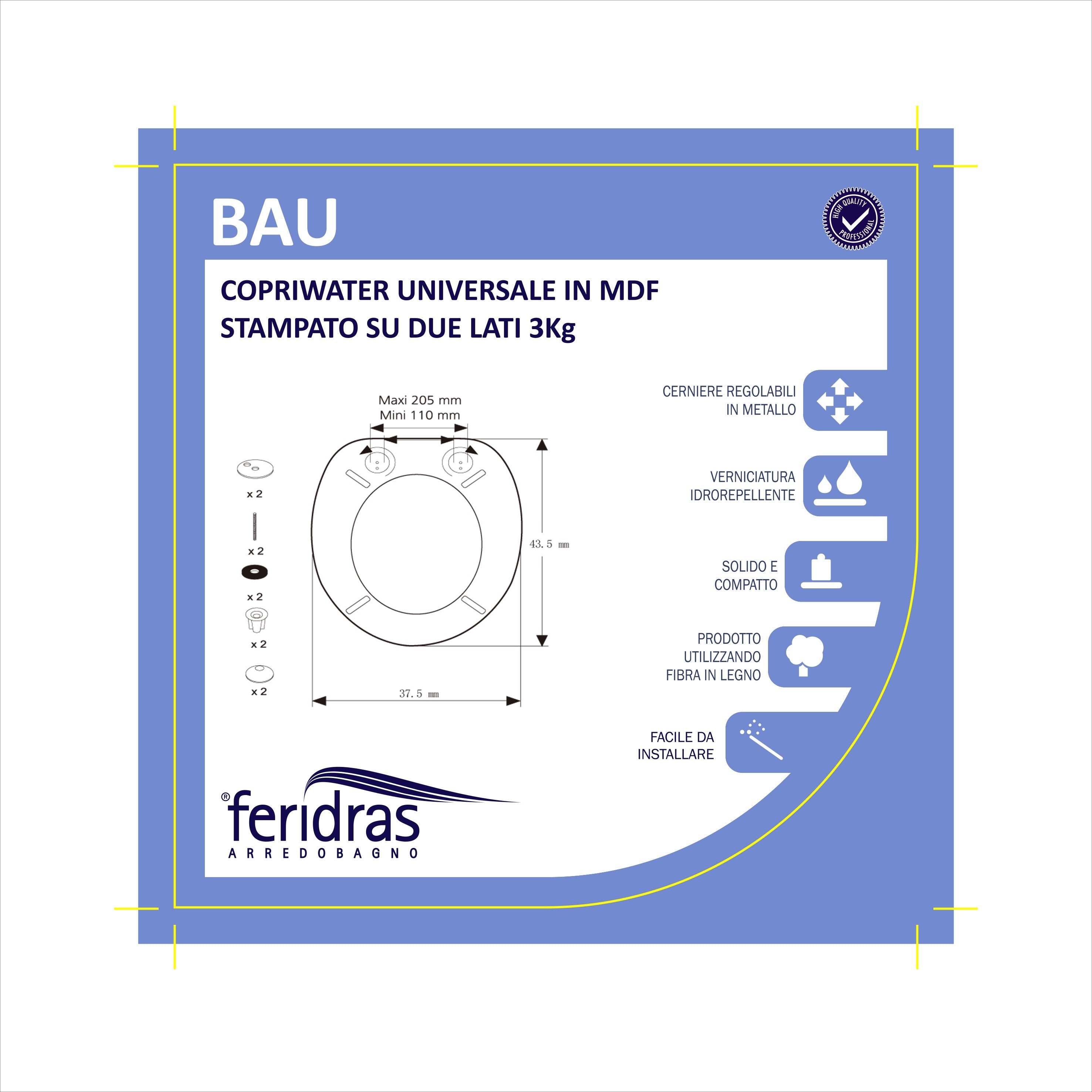 Copriwater universale in legno MDF stampato bau con cerniere regolabili