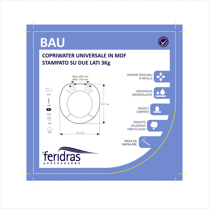 Copriwater universale in legno MDF stampato bau con cerniere regolabili