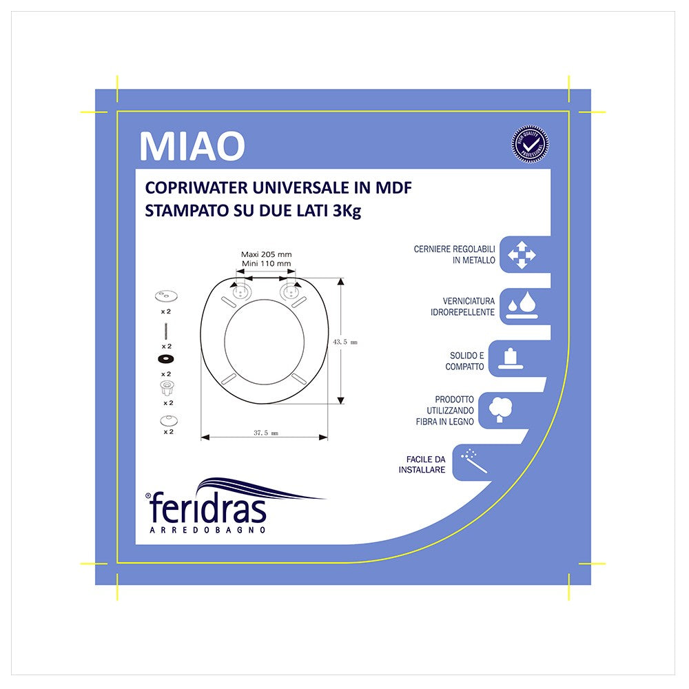 Copriwater universale in legno MDF stampato miao e cerniere regolabili