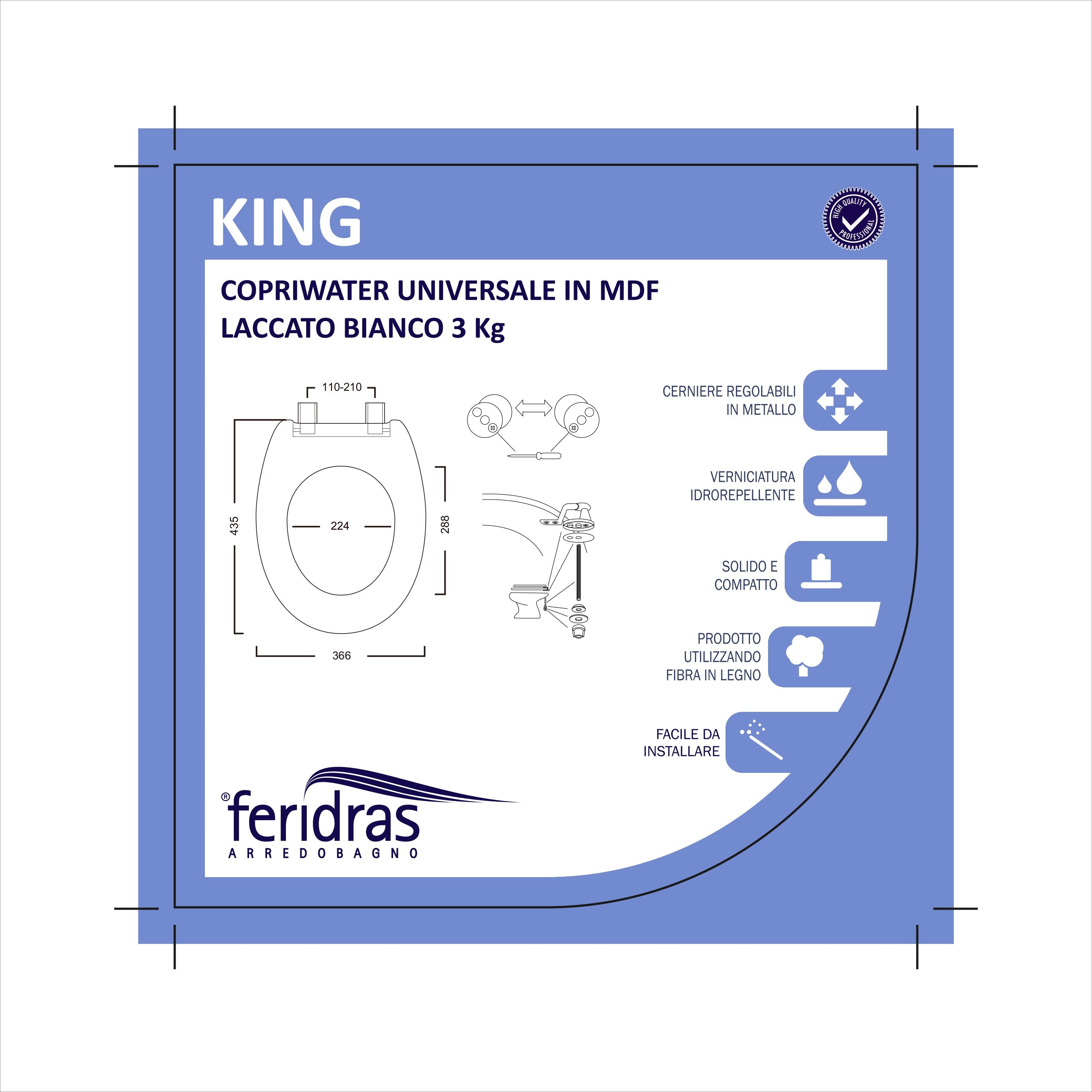 Copriwater universale in MDF bianco con cerniere regolabili in metallo
