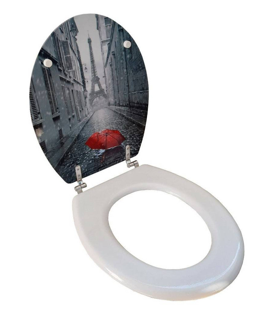 Copriwater Universale Legno Mdf Tavoletta Bagno Wc Stampa Parigi Ombrello 52966a         