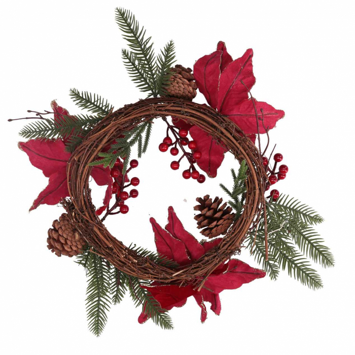 Coroncina fiori pigne rosso oro tondo cm ø50x10