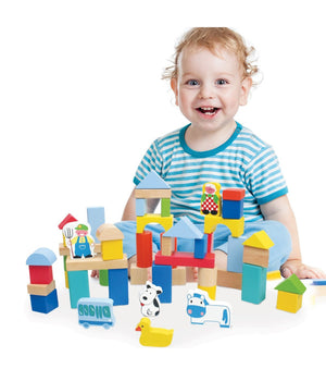 Costruzioni In Legno 50pz Blocchi Mattoncini Costruzione Bambini Con Contenitore         
