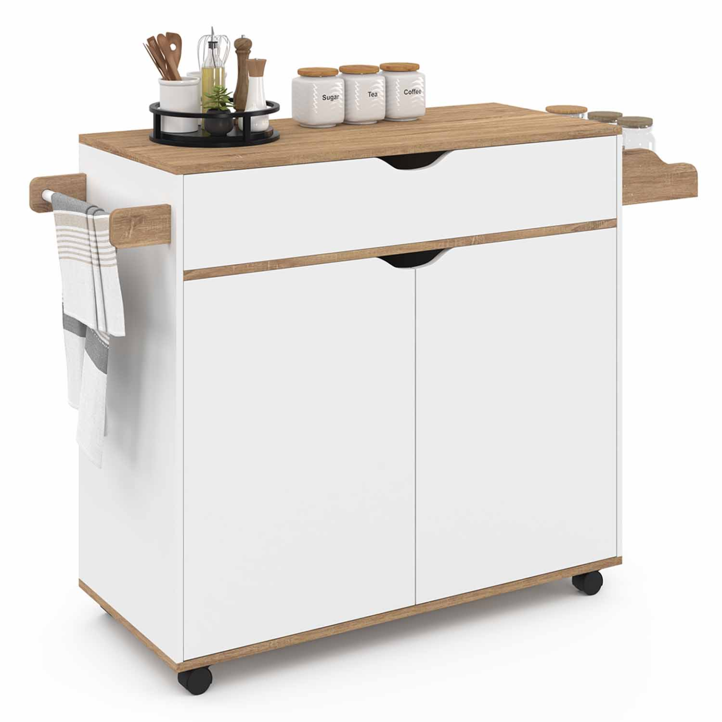 IDMarket - COSY XXL L.90 CM Aparador de cocina con cajón blanco y estantes estilo haya