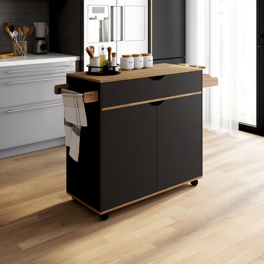 IDMarket - COSY XXL L.90 CM Aparador de cocina con cajón negro y estantes estilo haya