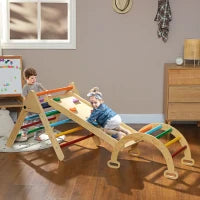 Gioco Arrampicata Bambini con Triangolo e Arco Montessori e Rampa con Pietre in Legno di Pino, 178x64.5x63 cm