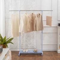 Stendibiancheria Estensibile con Ruote con Asta in Acciaio Inox e Mensola per Scarpe 159x42x168 cm Blu e Argento