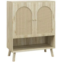 Mobile Multiuso in Stile Boho con Ante in Rattan e Ripiano Aperto, 80x38x100cm, Rovere
