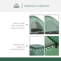 Tenda da Campeggio 2 Posti con Porta a Cerniera, Zanzariera e Sacca di Trasporto, 206x185x120cm, Verde