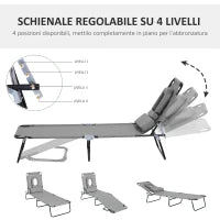 Sdraio da Mare con Foro per Lettura Pieghevole e Reclinabile su 4 Livelli in Tessuto Oxford e Acciaio, Grigio