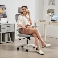 Sedia da Ufficio Ergonomica con Schienale in Rete, Regolabile in Altezza, Braccioli Pieghevoli, 5 Ruote, Funzione di Basculamento, Grigia