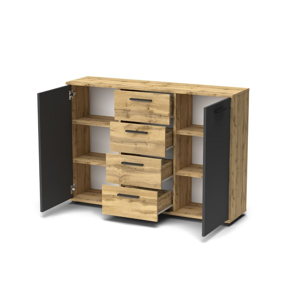Credenza 2 ante e 4 cassetti rovere e antracite Berno4 120,2x32,5x85,3h