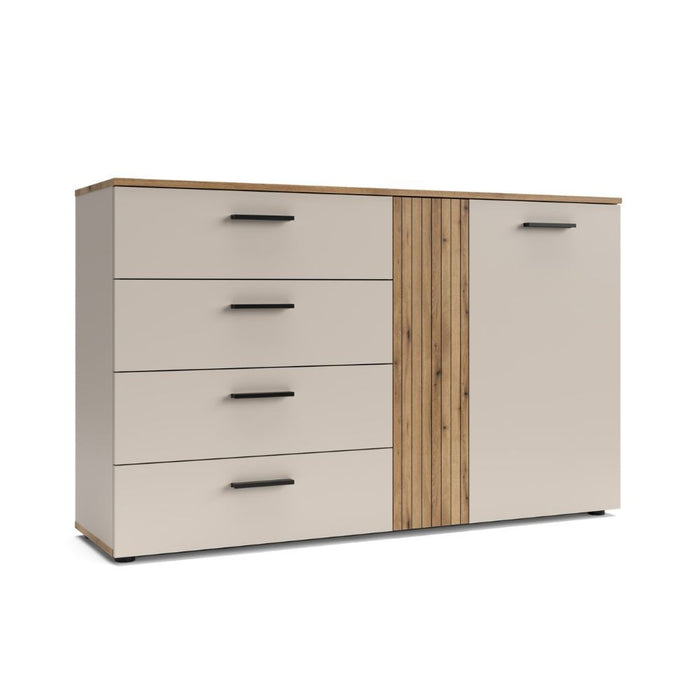 Credenza 4 cassetti e 2 ante Frezo02 cashmere e rovere con listelli verticali 139x38x86H