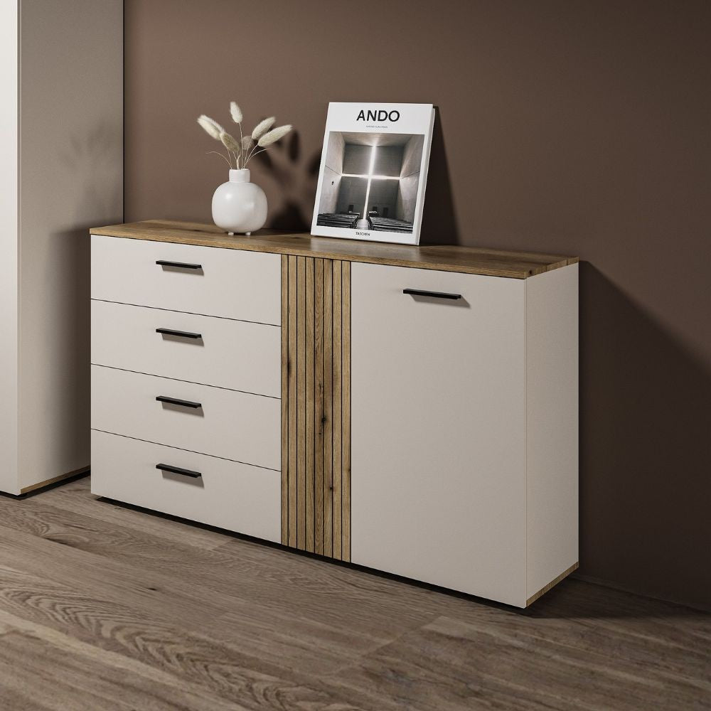 Credenza 4 cassetti e 2 ante Frezo02 cashmere e rovere con listelli verticali 139x38x86H