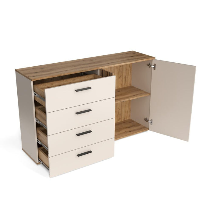 Credenza 4 cassetti e 2 ante Frezo02 cashmere e rovere con listelli verticali 139x38x86H
