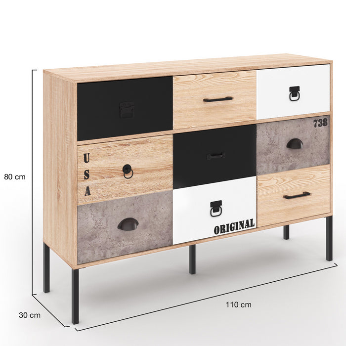IDMarket - Credenza a 3 ante e 3 cassetti 110 cm SACRAMENTO design industriale