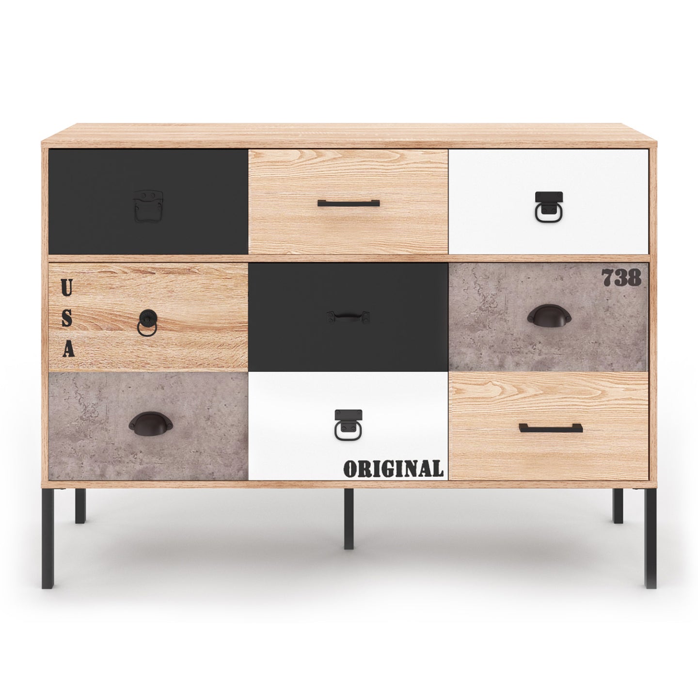 IDMarket - Credenza a 3 ante e 3 cassetti 110 cm SACRAMENTO design industriale