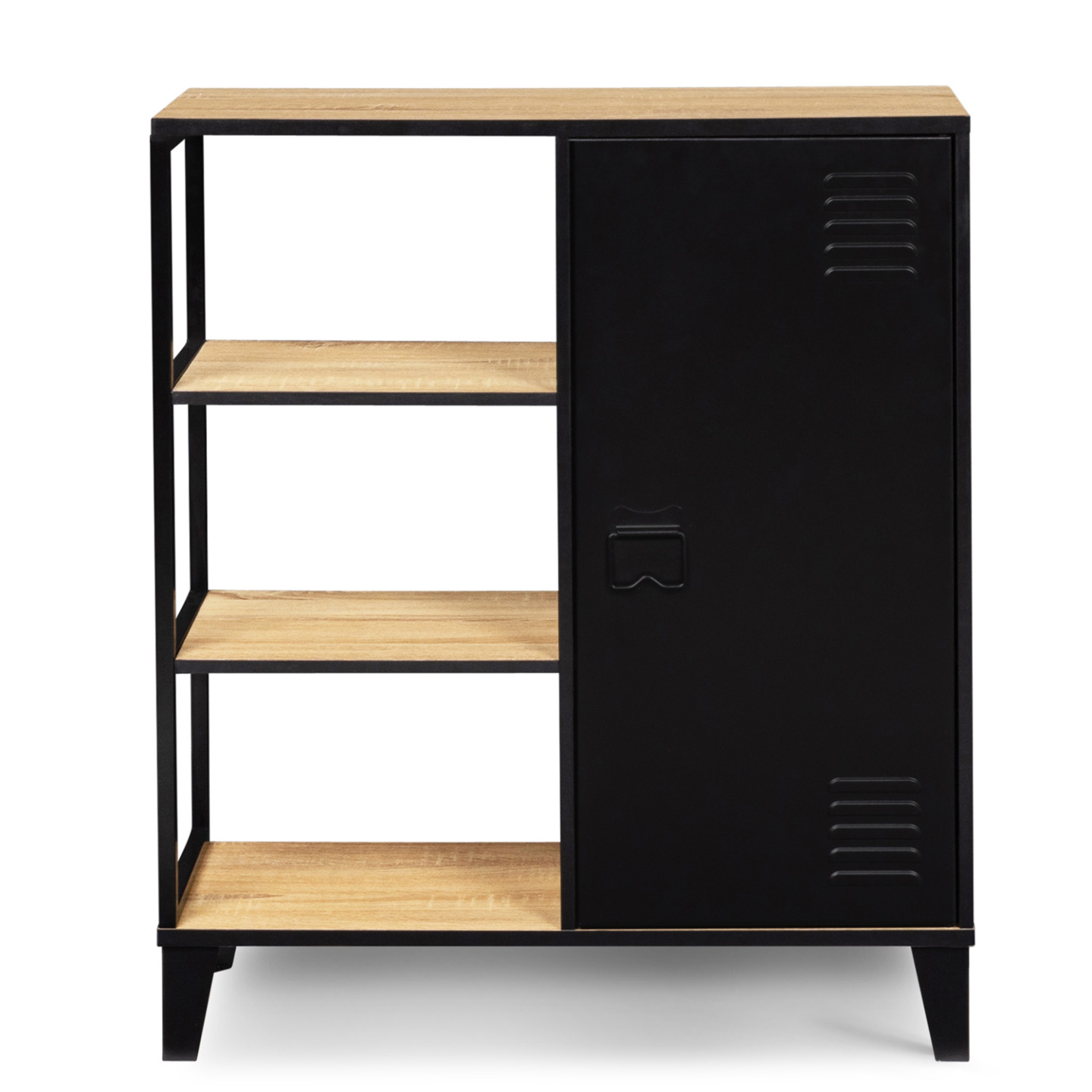 IDMarket - Credenza a 3 ripiani con armadietto in metallo nero e piano in legno 70 cm ESTER industrial design