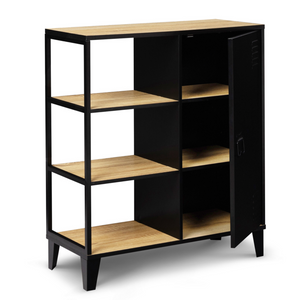 IDMarket - Credenza a 3 ripiani con armadietto in metallo nero e piano in legno 70 cm ESTER industrial design