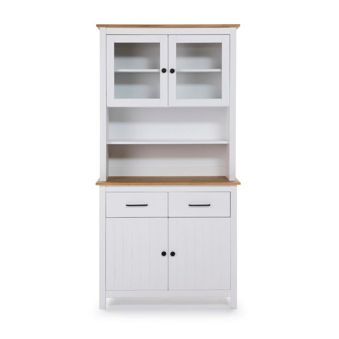 Credenza alta con vetrina Miranda in legno massiccio colore bianco e rovere 90x40x180H - 4 ante e 2 cassetti