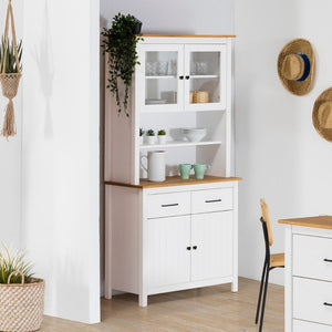 Credenza alta con vetrina Miranda in legno massiccio colore bianco e rovere 90x40x180H - 4 ante e 2 cassetti