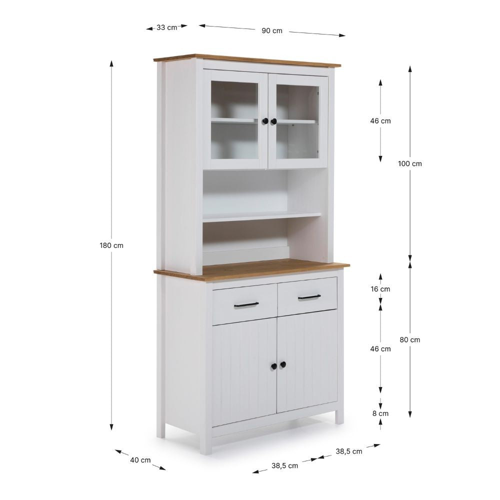 Credenza alta con vetrina Miranda in legno massiccio colore bianco e rovere 90x40x180H - 4 ante e 2 cassetti