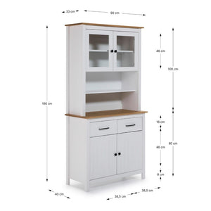 Credenza alta con vetrina Miranda in legno massiccio colore bianco e rovere 90x40x180H - 4 ante e 2 cassetti