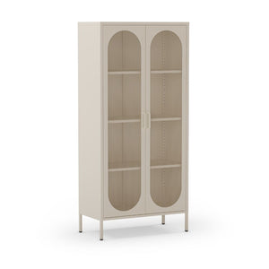 Credenza alta in metallo Diora crema con 2 ante reticolate e 3 ripiani – Design industriale, anima versatile