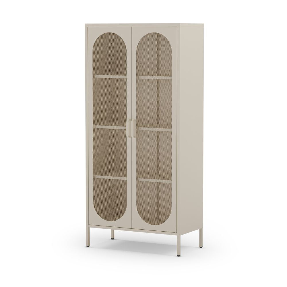 Credenza alta in metallo Diora crema con 2 ante reticolate e 3 ripiani – Design industriale, anima versatile