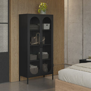 Credenza alta in metallo Diora nero con 2 ante reticolate e 3 ripiani – Design industriale, anima versatile