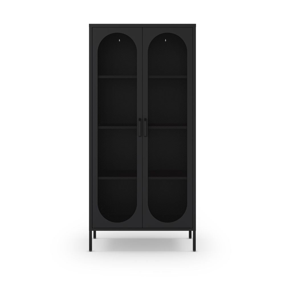 Credenza alta in metallo Diora nero con 2 ante reticolate e 3 ripiani – Design industriale, anima versatile