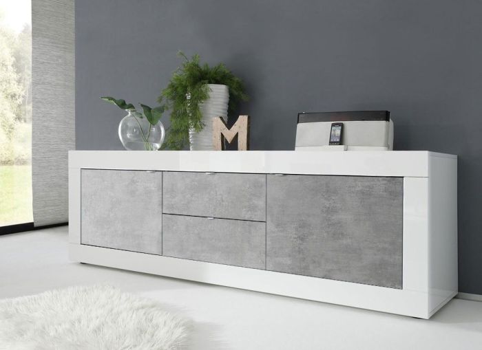 Madia bassa, con 2 ante e 2 cassetti  Bianca Lucida e Cemento, ZLCBSC-MDM-BC222