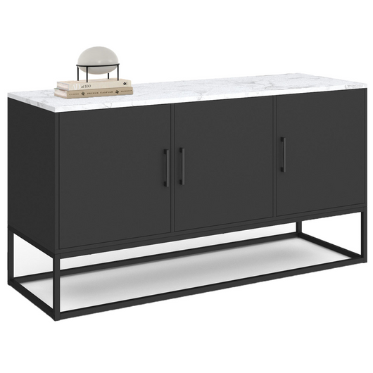 IDMarket - Credenza bassa a 3 ante ALASKA 113 cm, nera, piano effetto marmo bianco