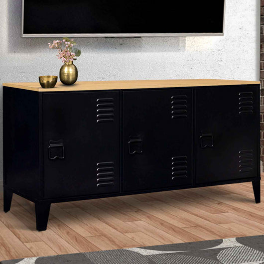 IDMarket - Credenza bassa a 3 ante, metal nero, vassoio in legno, design industriale ESTER