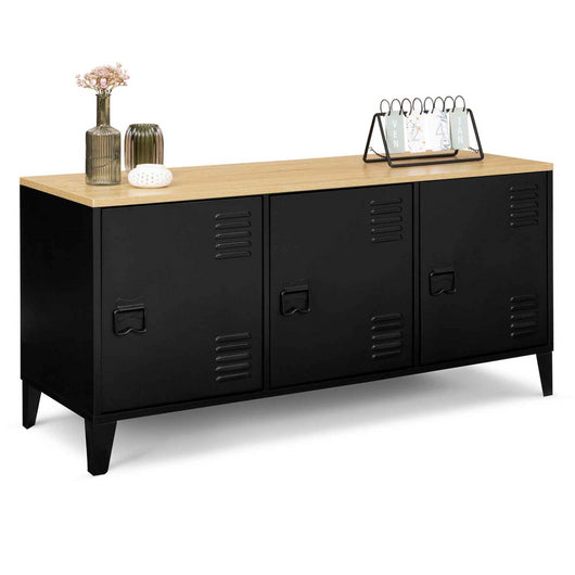 IDMarket - Credenza bassa a 3 ante, metal nero, vassoio in legno, design industriale ESTER