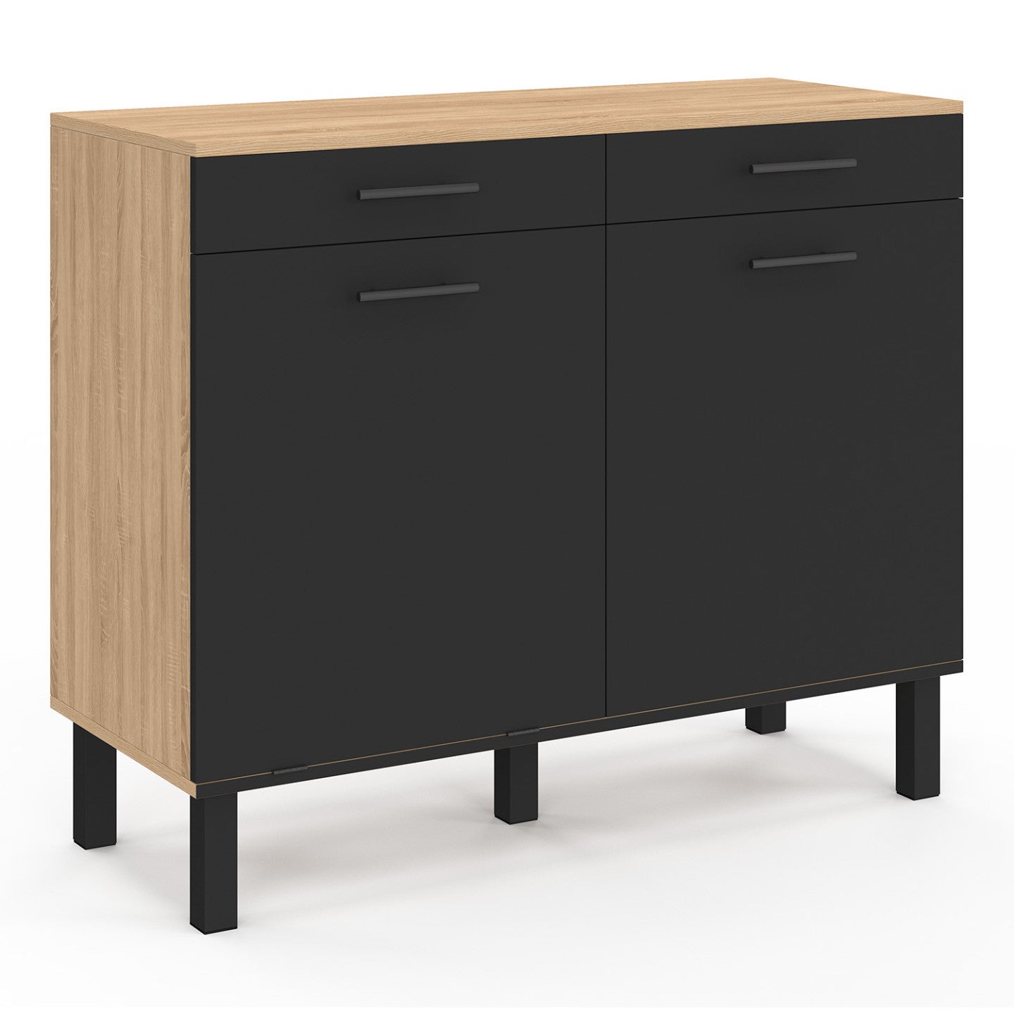 IDMarket - Credenza bassa con cestino 100 cm Piano di lavoro CINA H.83 cm 2 ante + cassetti finitura faggio e nero