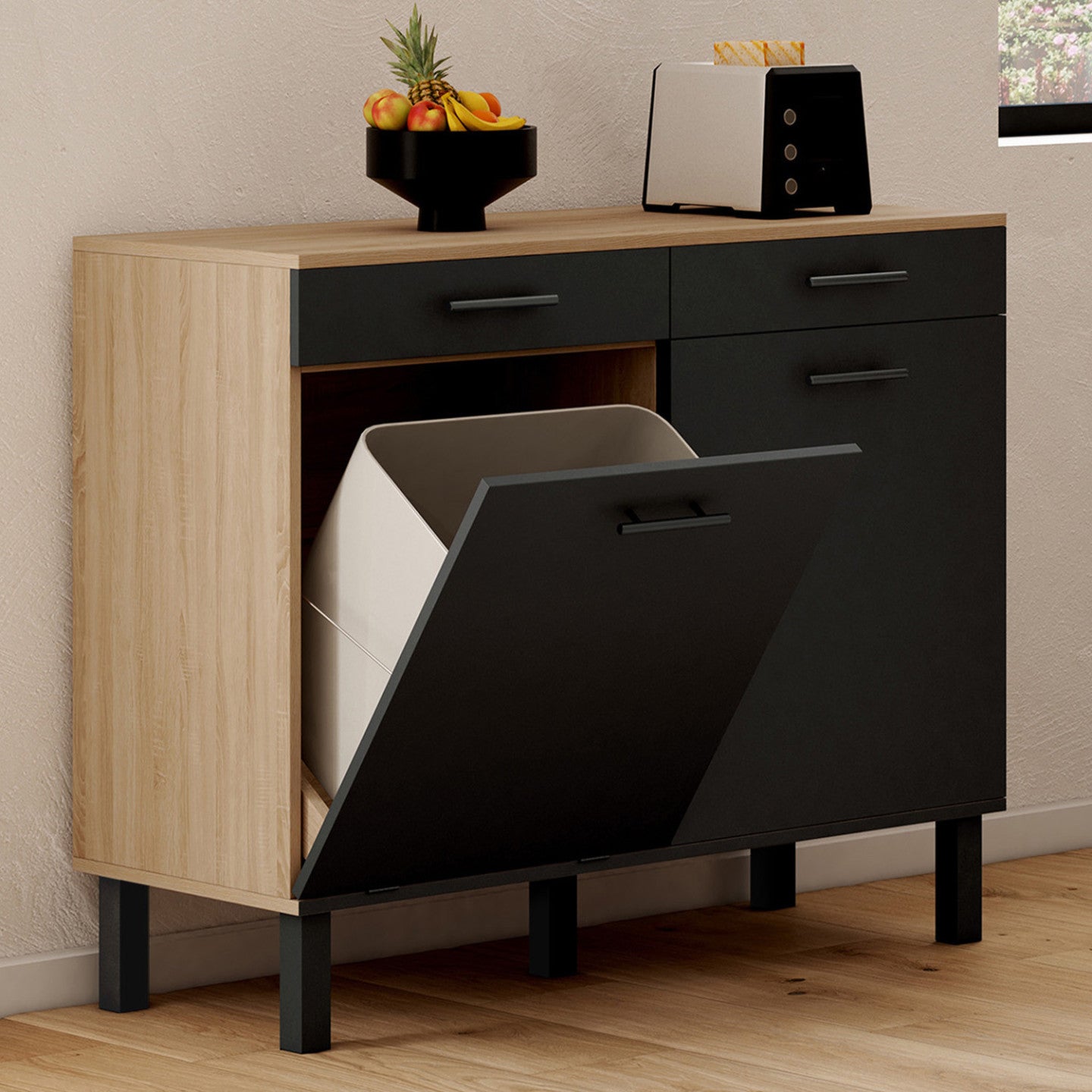 IDMarket - Credenza bassa con cestino 100 cm Piano di lavoro CINA H.83 cm 2 ante + cassetti finitura faggio e nero