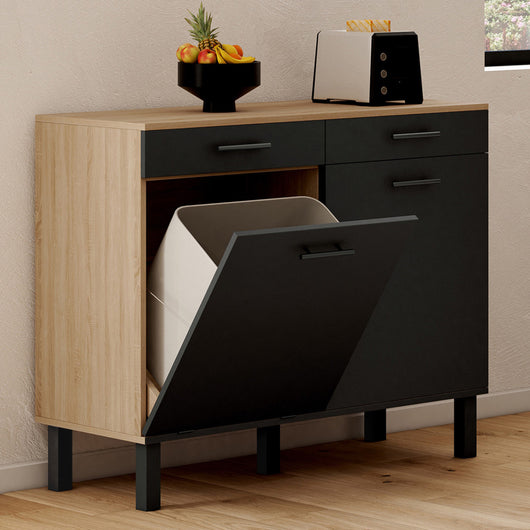 IDMarket - Credenza bassa con cestino 100 cm Piano di lavoro CINA H.83 cm 2 ante + cassetti finitura faggio e nero