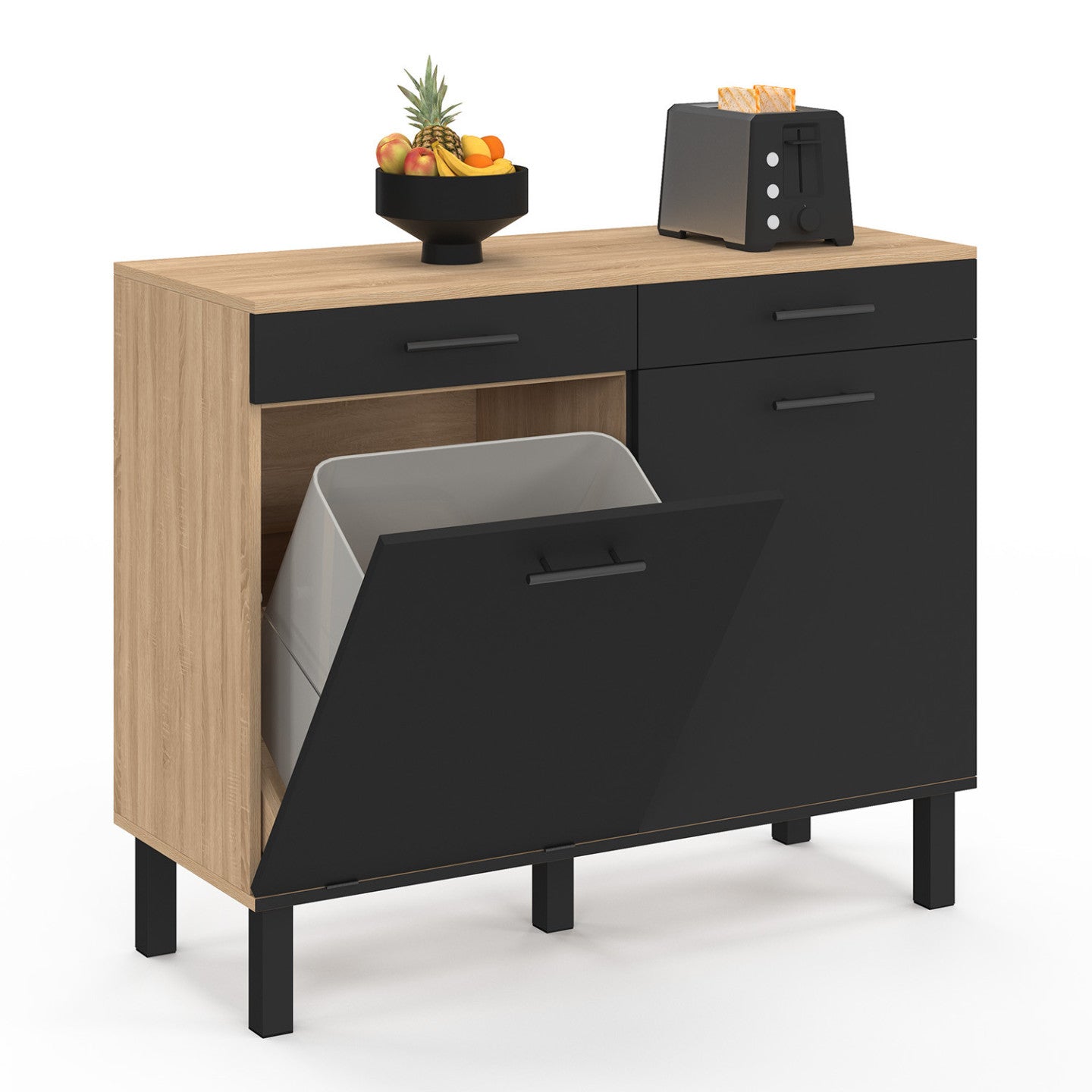 IDMarket - Credenza bassa con cestino 100 cm Piano di lavoro CINA H.83 cm 2 ante + cassetti finitura faggio e nero