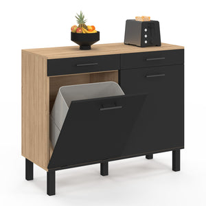 IDMarket - Credenza bassa con cestino 100 cm Piano di lavoro CINA H.83 cm 2 ante + cassetti finitura faggio e nero