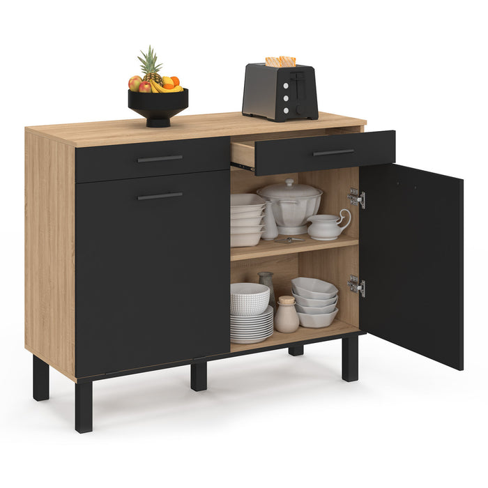 IDMarket - Credenza bassa con cestino 100 cm Piano di lavoro CINA H.83 cm 2 ante + cassetti finitura faggio e nero