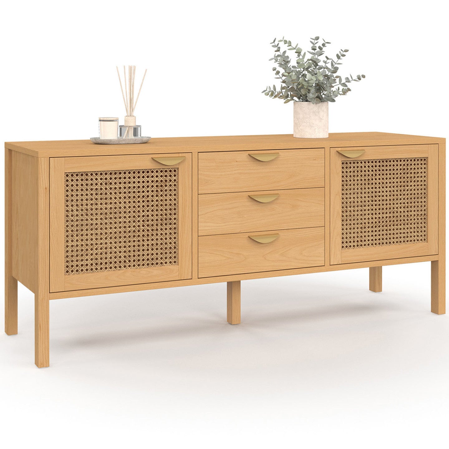 IDMarket - Credenza bassa EDHEN 140 cm, 2 ante e 3 cassetti, legno e vimini